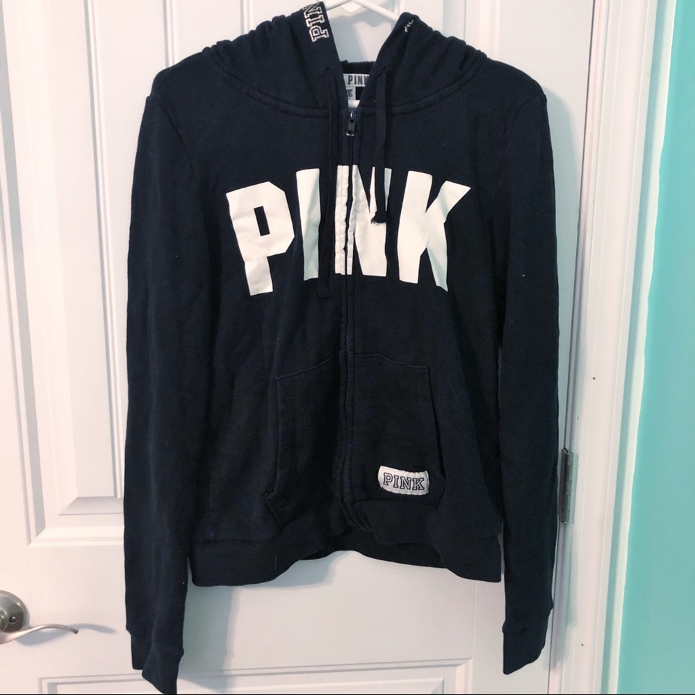 PINK Victoria’s Secret Black Logo Zip Up Hoodie L